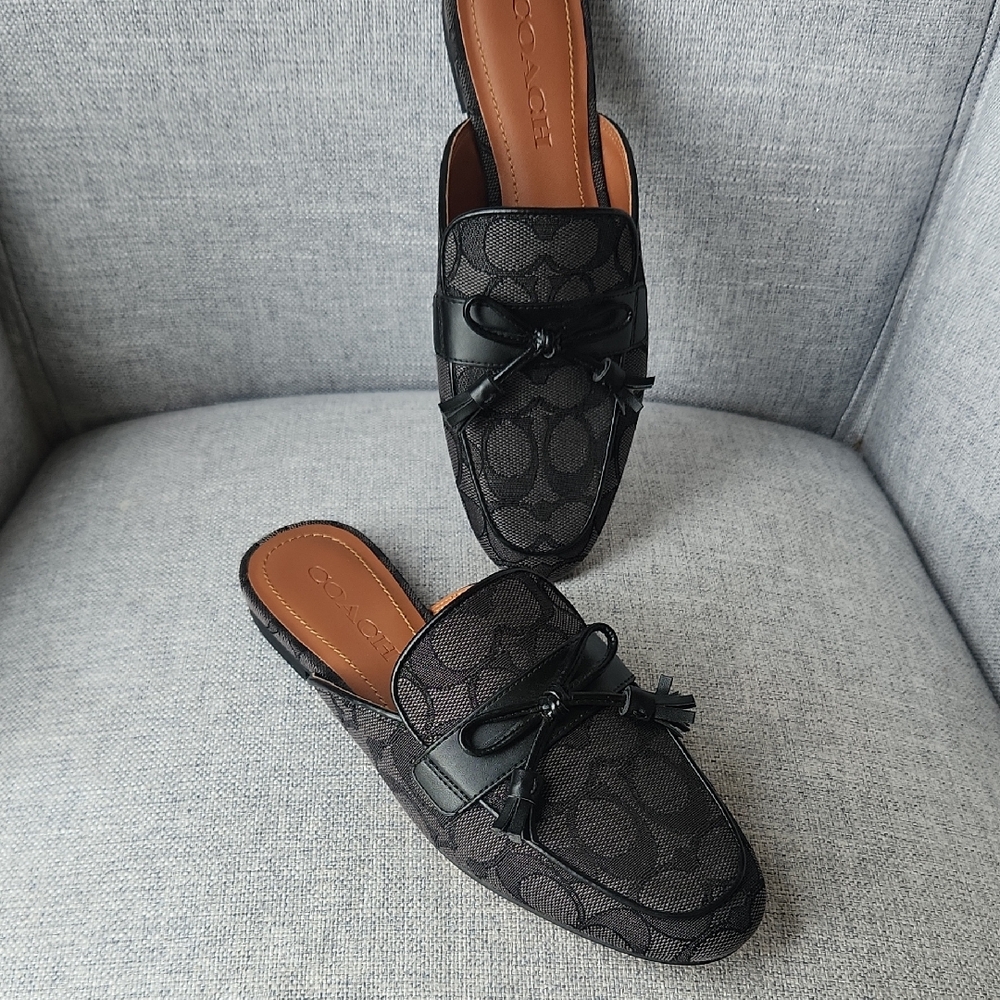 Coach Black Patterned Mules with Bow Accent